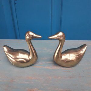 Brass Ducks Geese Set of 2 Vintage Figurine Birds Animals MCM Mid Century Gold